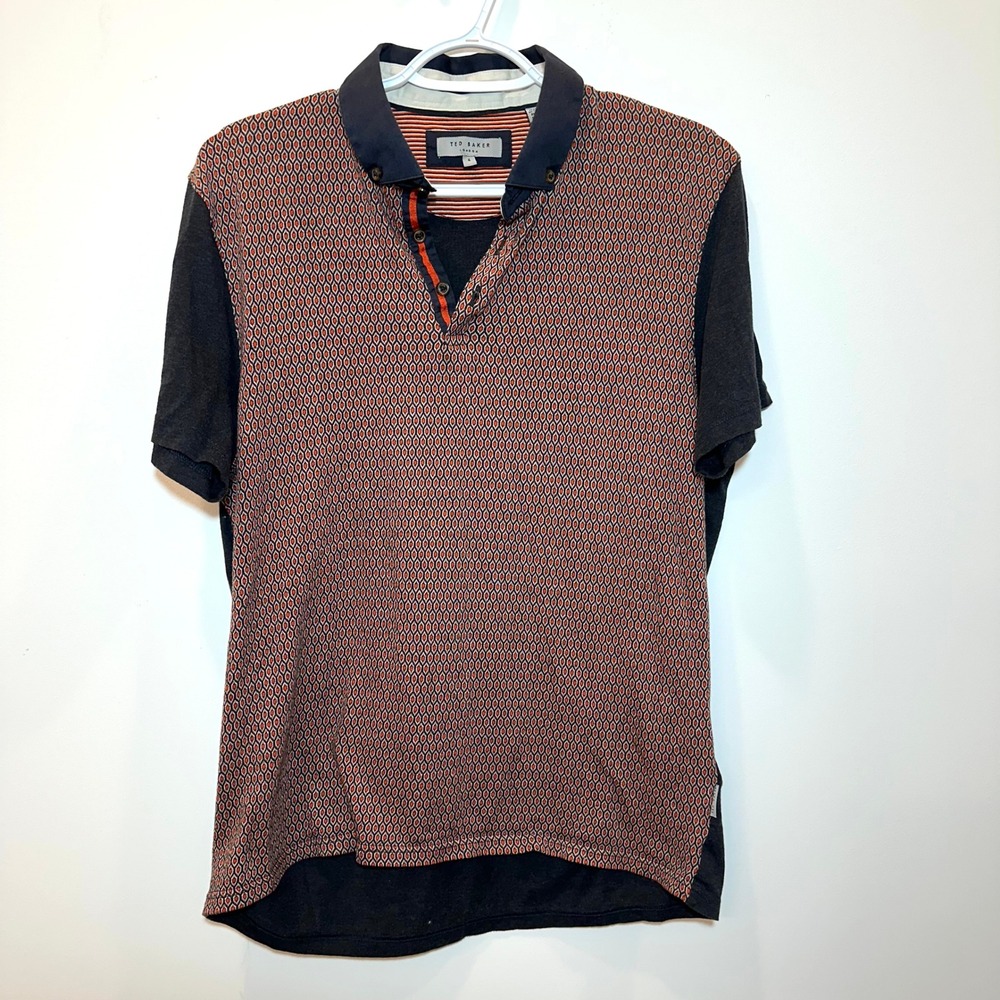 Ted Baker London Mens Geometric Diamond Print Polo Shirt Charcoal Orange Size 4